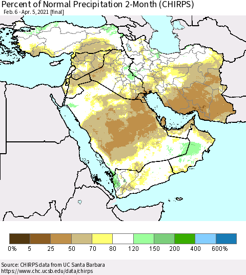 Middle East and Turkey Percent of Normal Precipitation 2-Month (CHIRPS) Thematic Map For 2/6/2021 - 4/5/2021