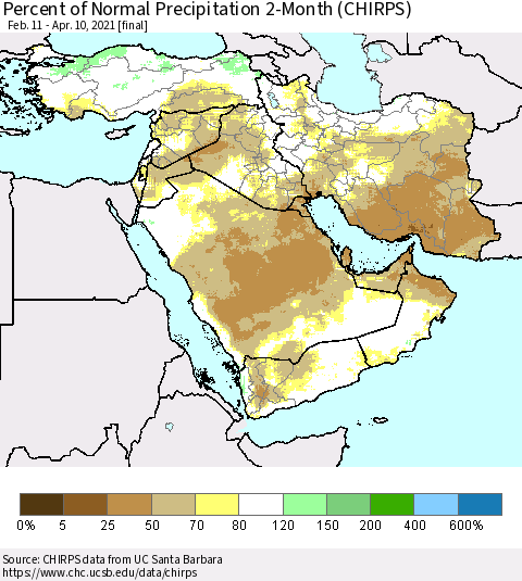 Middle East and Turkey Percent of Normal Precipitation 2-Month (CHIRPS) Thematic Map For 2/11/2021 - 4/10/2021