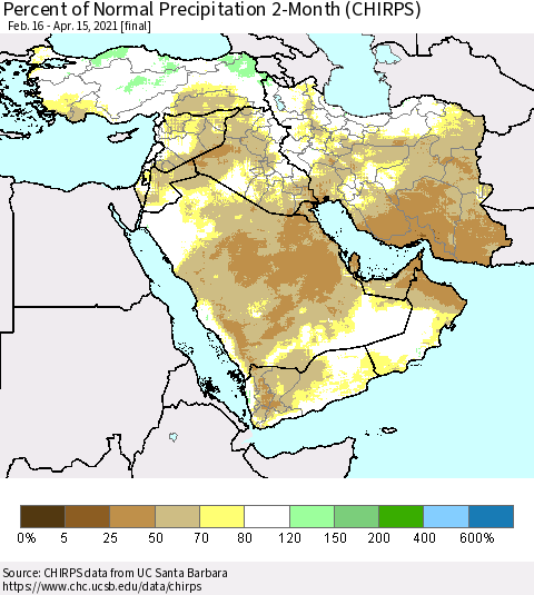 Middle East and Turkey Percent of Normal Precipitation 2-Month (CHIRPS) Thematic Map For 2/16/2021 - 4/15/2021