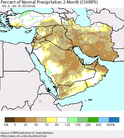Middle East and Turkey Percent of Normal Precipitation 2-Month (CHIRPS) Thematic Map For 2/21/2021 - 4/20/2021