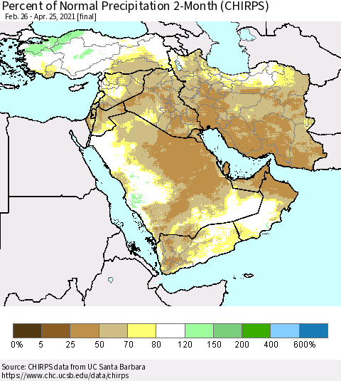 Middle East and Turkey Percent of Normal Precipitation 2-Month (CHIRPS) Thematic Map For 2/26/2021 - 4/25/2021