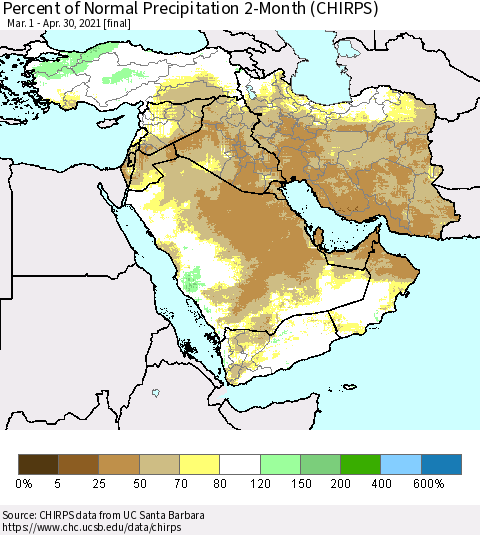 Middle East and Turkey Percent of Normal Precipitation 2-Month (CHIRPS) Thematic Map For 3/1/2021 - 4/30/2021