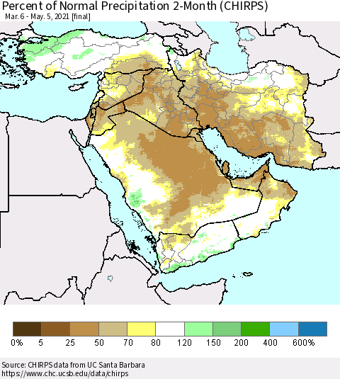 Middle East and Turkey Percent of Normal Precipitation 2-Month (CHIRPS) Thematic Map For 3/6/2021 - 5/5/2021