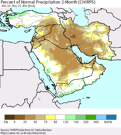 Middle East and Turkey Percent of Normal Precipitation 2-Month (CHIRPS) Thematic Map For 3/16/2021 - 5/15/2021
