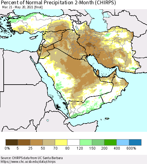 Middle East and Turkey Percent of Normal Precipitation 2-Month (CHIRPS) Thematic Map For 3/21/2021 - 5/20/2021