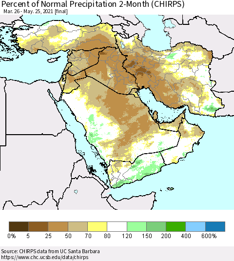 Middle East and Turkey Percent of Normal Precipitation 2-Month (CHIRPS) Thematic Map For 3/26/2021 - 5/25/2021