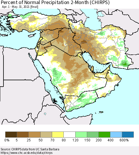 Middle East and Turkey Percent of Normal Precipitation 2-Month (CHIRPS) Thematic Map For 4/1/2021 - 5/31/2021