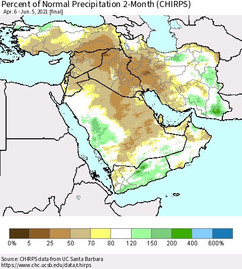 Middle East and Turkey Percent of Normal Precipitation 2-Month (CHIRPS) Thematic Map For 4/6/2021 - 6/5/2021