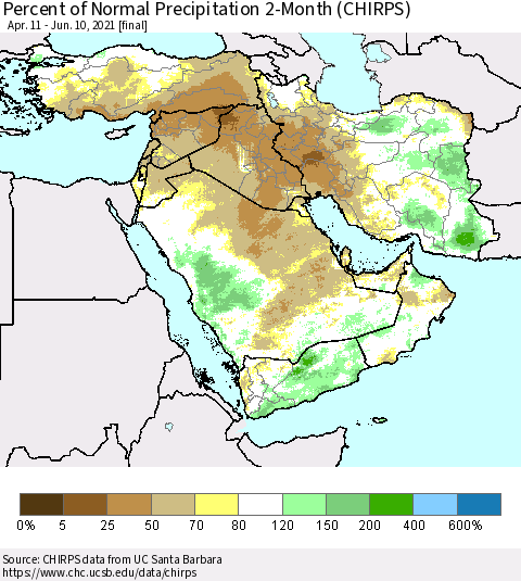 Middle East and Turkey Percent of Normal Precipitation 2-Month (CHIRPS) Thematic Map For 4/11/2021 - 6/10/2021