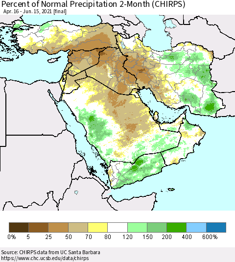 Middle East and Turkey Percent of Normal Precipitation 2-Month (CHIRPS) Thematic Map For 4/16/2021 - 6/15/2021