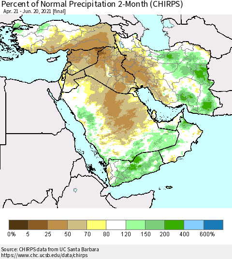 Middle East and Turkey Percent of Normal Precipitation 2-Month (CHIRPS) Thematic Map For 4/21/2021 - 6/20/2021