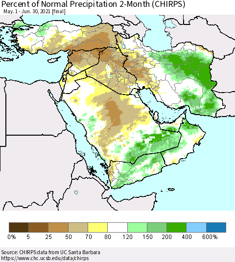 Middle East and Turkey Percent of Normal Precipitation 2-Month (CHIRPS) Thematic Map For 5/1/2021 - 6/30/2021