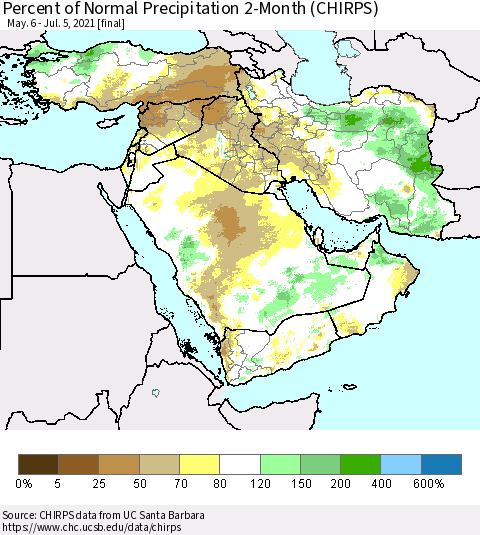 Middle East and Turkey Percent of Normal Precipitation 2-Month (CHIRPS) Thematic Map For 5/6/2021 - 7/5/2021
