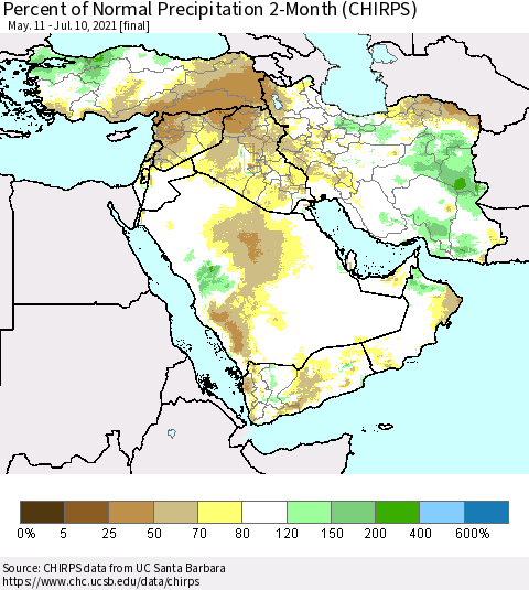 Middle East and Turkey Percent of Normal Precipitation 2-Month (CHIRPS) Thematic Map For 5/11/2021 - 7/10/2021