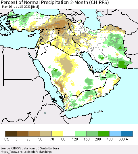 Middle East and Turkey Percent of Normal Precipitation 2-Month (CHIRPS) Thematic Map For 5/16/2021 - 7/15/2021