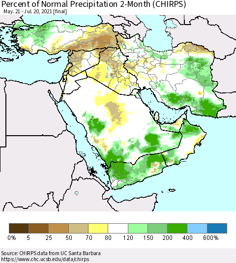 Middle East and Turkey Percent of Normal Precipitation 2-Month (CHIRPS) Thematic Map For 5/21/2021 - 7/20/2021