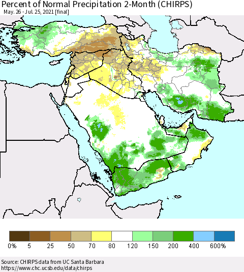 Middle East and Turkey Percent of Normal Precipitation 2-Month (CHIRPS) Thematic Map For 5/26/2021 - 7/25/2021