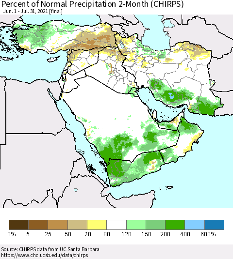 Middle East and Turkey Percent of Normal Precipitation 2-Month (CHIRPS) Thematic Map For 6/1/2021 - 7/31/2021