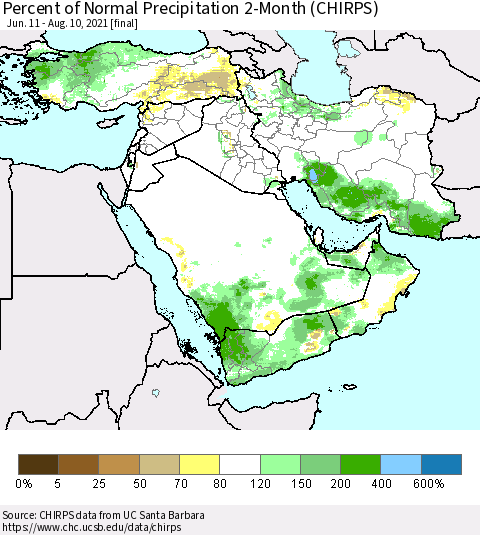 Middle East and Turkey Percent of Normal Precipitation 2-Month (CHIRPS) Thematic Map For 6/11/2021 - 8/10/2021