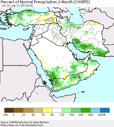 Middle East and Turkey Percent of Normal Precipitation 2-Month (CHIRPS) Thematic Map For 6/16/2021 - 8/15/2021