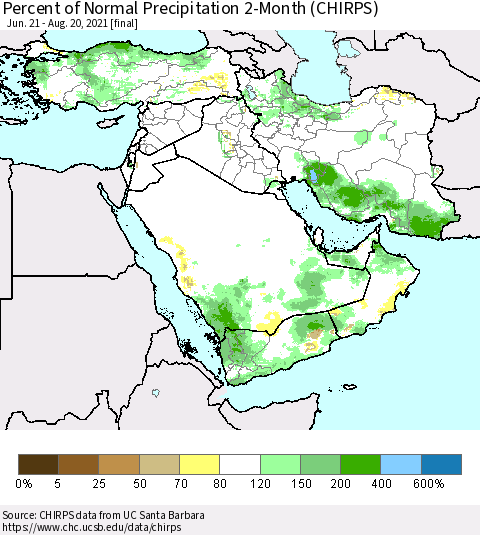 Middle East and Turkey Percent of Normal Precipitation 2-Month (CHIRPS) Thematic Map For 6/21/2021 - 8/20/2021