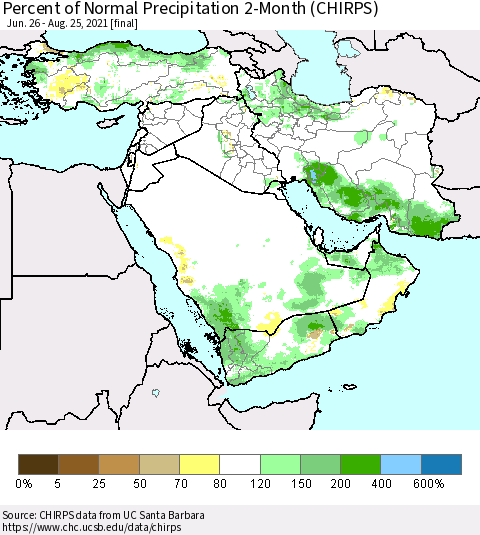 Middle East and Turkey Percent of Normal Precipitation 2-Month (CHIRPS) Thematic Map For 6/26/2021 - 8/25/2021