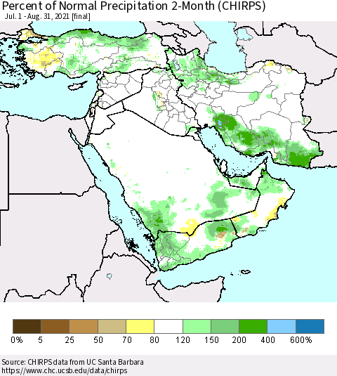 Middle East and Turkey Percent of Normal Precipitation 2-Month (CHIRPS) Thematic Map For 7/1/2021 - 8/31/2021