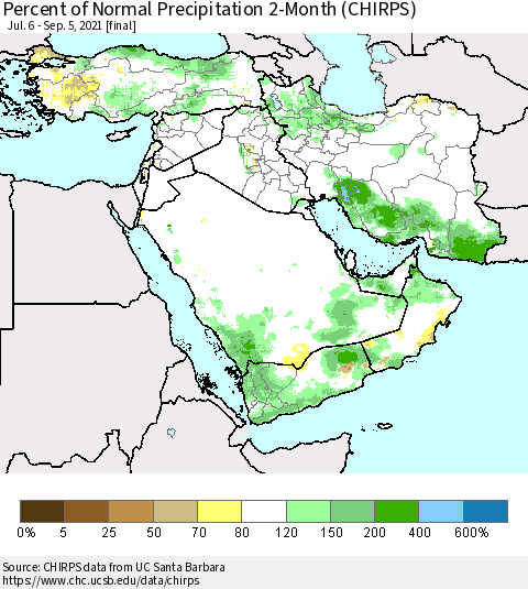 Middle East and Turkey Percent of Normal Precipitation 2-Month (CHIRPS) Thematic Map For 7/6/2021 - 9/5/2021
