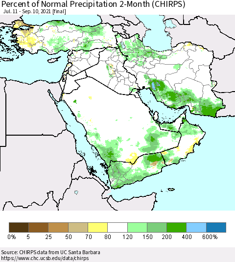 Middle East and Turkey Percent of Normal Precipitation 2-Month (CHIRPS) Thematic Map For 7/11/2021 - 9/10/2021