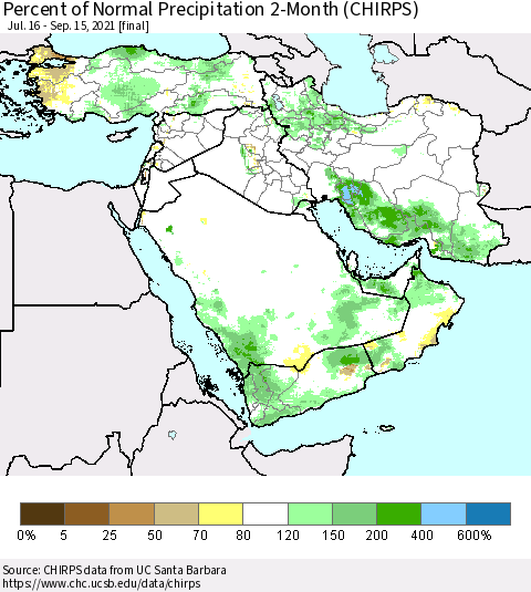 Middle East and Turkey Percent of Normal Precipitation 2-Month (CHIRPS) Thematic Map For 7/16/2021 - 9/15/2021