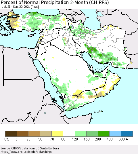 Middle East and Turkey Percent of Normal Precipitation 2-Month (CHIRPS) Thematic Map For 7/21/2021 - 9/20/2021