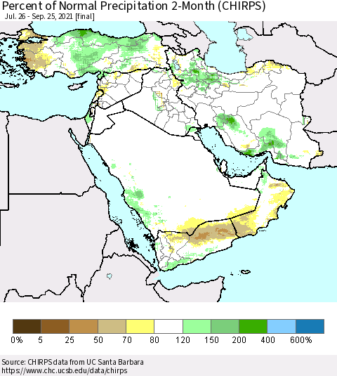 Middle East and Turkey Percent of Normal Precipitation 2-Month (CHIRPS) Thematic Map For 7/26/2021 - 9/25/2021