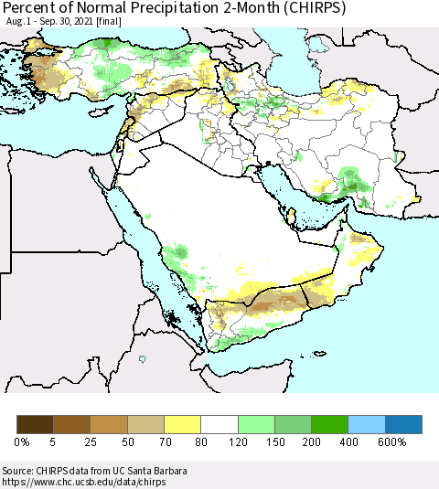 Middle East and Turkey Percent of Normal Precipitation 2-Month (CHIRPS) Thematic Map For 8/1/2021 - 9/30/2021