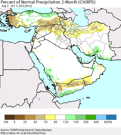 Middle East and Turkey Percent of Normal Precipitation 2-Month (CHIRPS) Thematic Map For 8/6/2021 - 10/5/2021