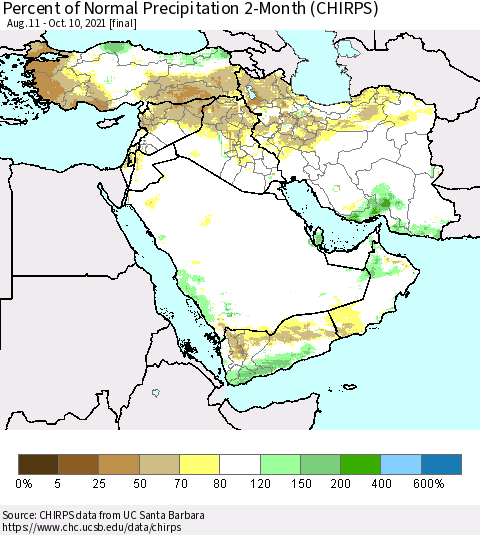 Middle East and Turkey Percent of Normal Precipitation 2-Month (CHIRPS) Thematic Map For 8/11/2021 - 10/10/2021