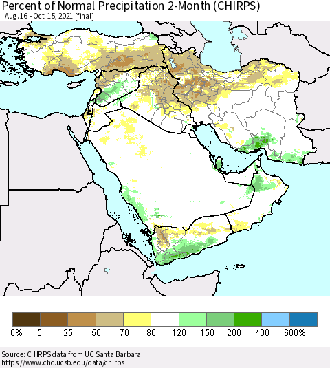 Middle East and Turkey Percent of Normal Precipitation 2-Month (CHIRPS) Thematic Map For 8/16/2021 - 10/15/2021