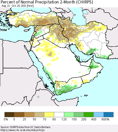 Middle East and Turkey Percent of Normal Precipitation 2-Month (CHIRPS) Thematic Map For 8/21/2021 - 10/20/2021