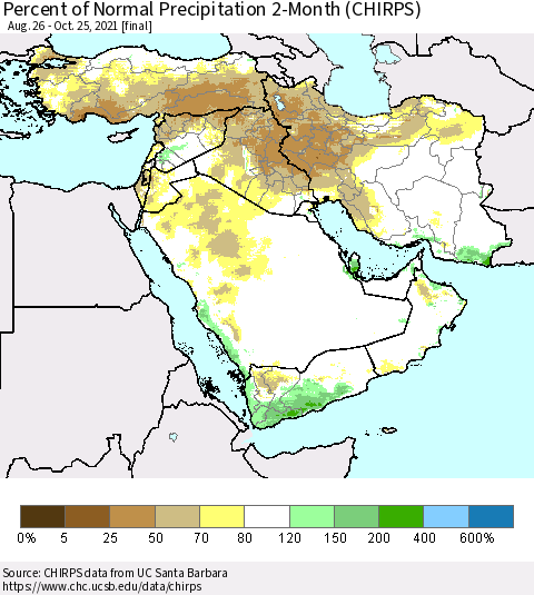 Middle East and Turkey Percent of Normal Precipitation 2-Month (CHIRPS) Thematic Map For 8/26/2021 - 10/25/2021