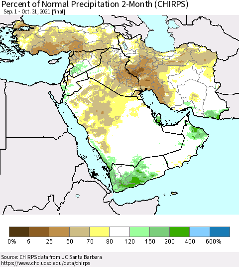 Middle East and Turkey Percent of Normal Precipitation 2-Month (CHIRPS) Thematic Map For 9/1/2021 - 10/31/2021