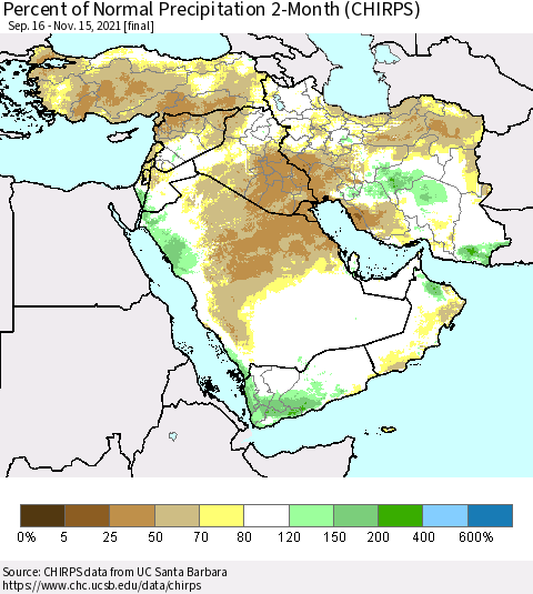 Middle East and Turkey Percent of Normal Precipitation 2-Month (CHIRPS) Thematic Map For 9/16/2021 - 11/15/2021