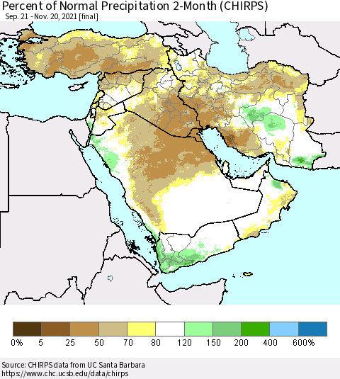 Middle East and Turkey Percent of Normal Precipitation 2-Month (CHIRPS) Thematic Map For 9/21/2021 - 11/20/2021