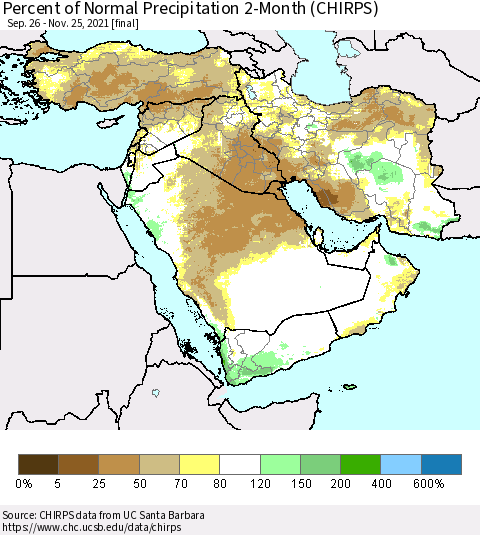 Middle East and Turkey Percent of Normal Precipitation 2-Month (CHIRPS) Thematic Map For 9/26/2021 - 11/25/2021