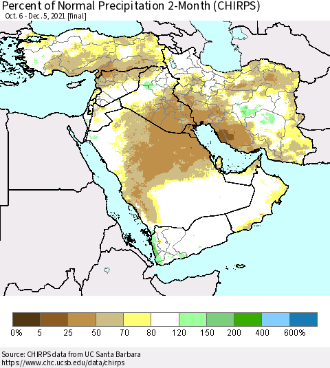Middle East and Turkey Percent of Normal Precipitation 2-Month (CHIRPS) Thematic Map For 10/6/2021 - 12/5/2021