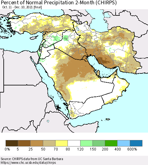 Middle East and Turkey Percent of Normal Precipitation 2-Month (CHIRPS) Thematic Map For 10/11/2021 - 12/10/2021