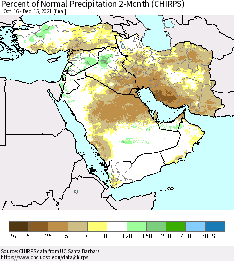 Middle East and Turkey Percent of Normal Precipitation 2-Month (CHIRPS) Thematic Map For 10/16/2021 - 12/15/2021