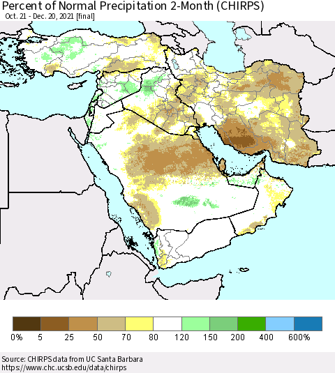 Middle East and Turkey Percent of Normal Precipitation 2-Month (CHIRPS) Thematic Map For 10/21/2021 - 12/20/2021