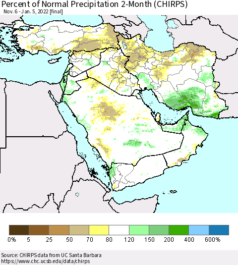 Middle East and Turkey Percent of Normal Precipitation 2-Month (CHIRPS) Thematic Map For 11/6/2021 - 1/5/2022
