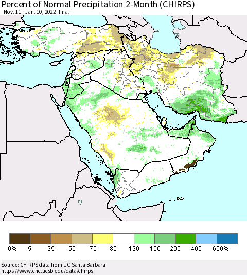 Middle East and Turkey Percent of Normal Precipitation 2-Month (CHIRPS) Thematic Map For 11/11/2021 - 1/10/2022