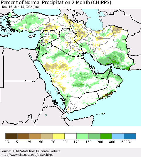 Middle East and Turkey Percent of Normal Precipitation 2-Month (CHIRPS) Thematic Map For 11/16/2021 - 1/15/2022