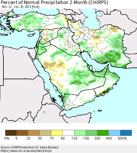Middle East and Turkey Percent of Normal Precipitation 2-Month (CHIRPS) Thematic Map For 11/21/2021 - 1/20/2022